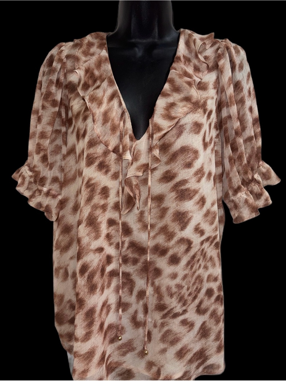Joie Brown and Cream Leopard-Print Ruffle V-Neck Blouse⭐️NWT⭐️